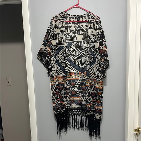 Angie Tops - Angie Geometric Patterned Kimono with Fringe